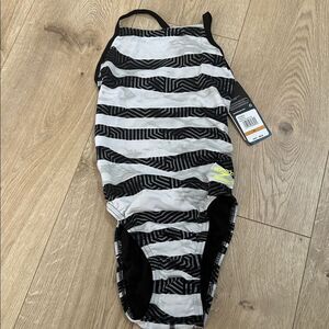 Speedo Endurance+ Racing Cut, White/Black Stripes Crossback, Size 24, NWT